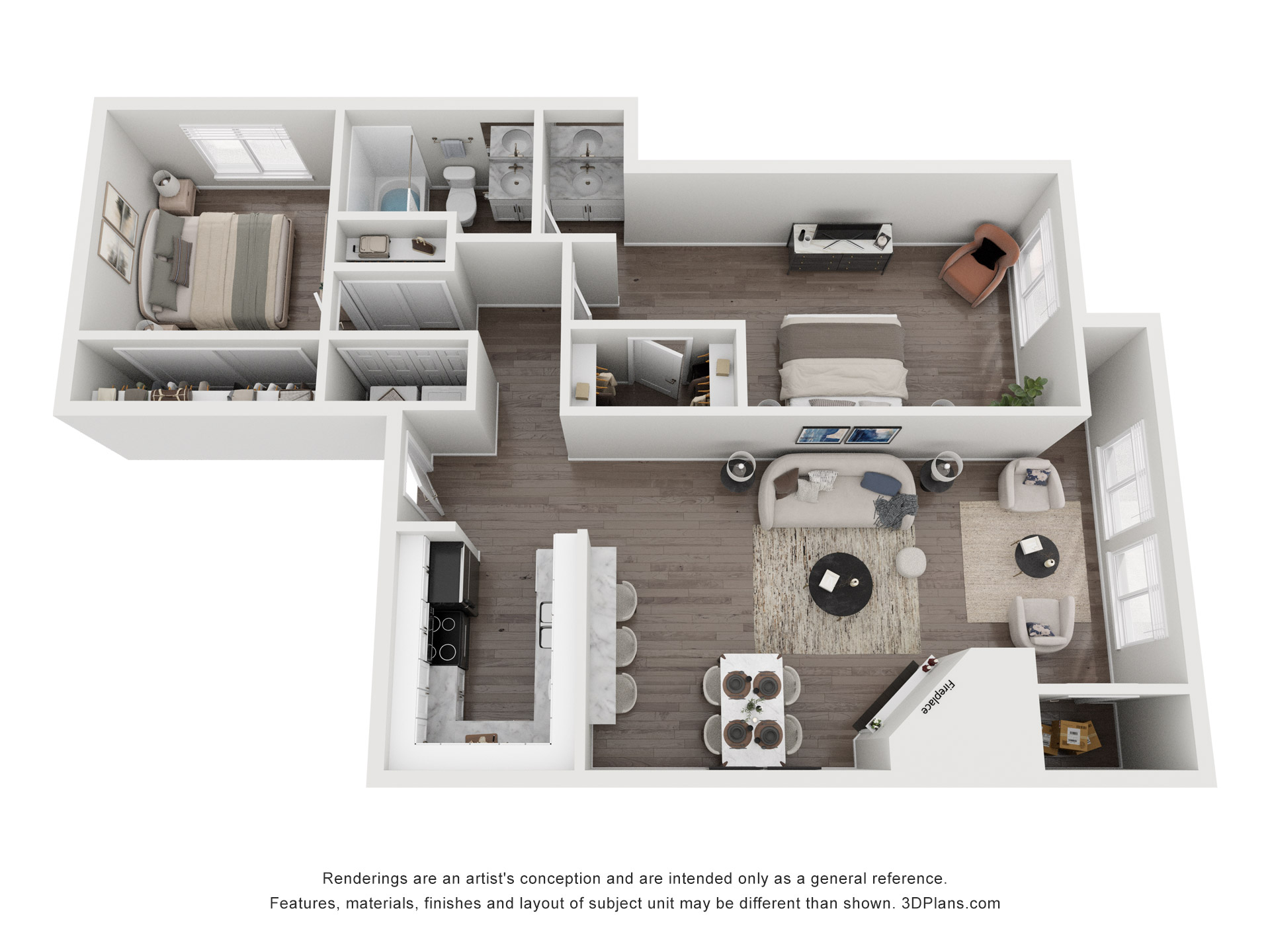 Floor plan for 2 beds, 1.3 baths, 1005 sqft